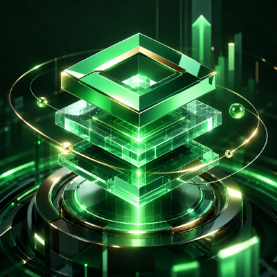 Floating transparent emerald layers representing PrimeLayer infrastructure